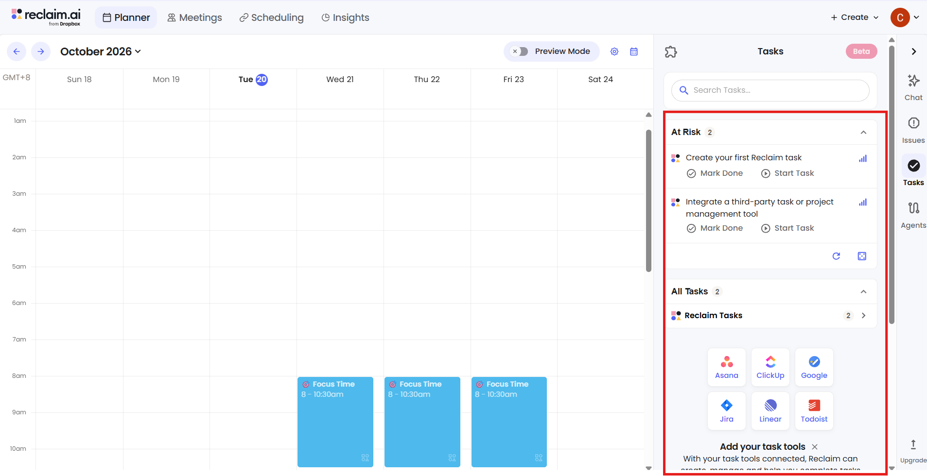 Reclaim.ai task panel showing at-risk tasks and integrations with Asana, ClickUp, Google, Jira, Linear, and Todoist.