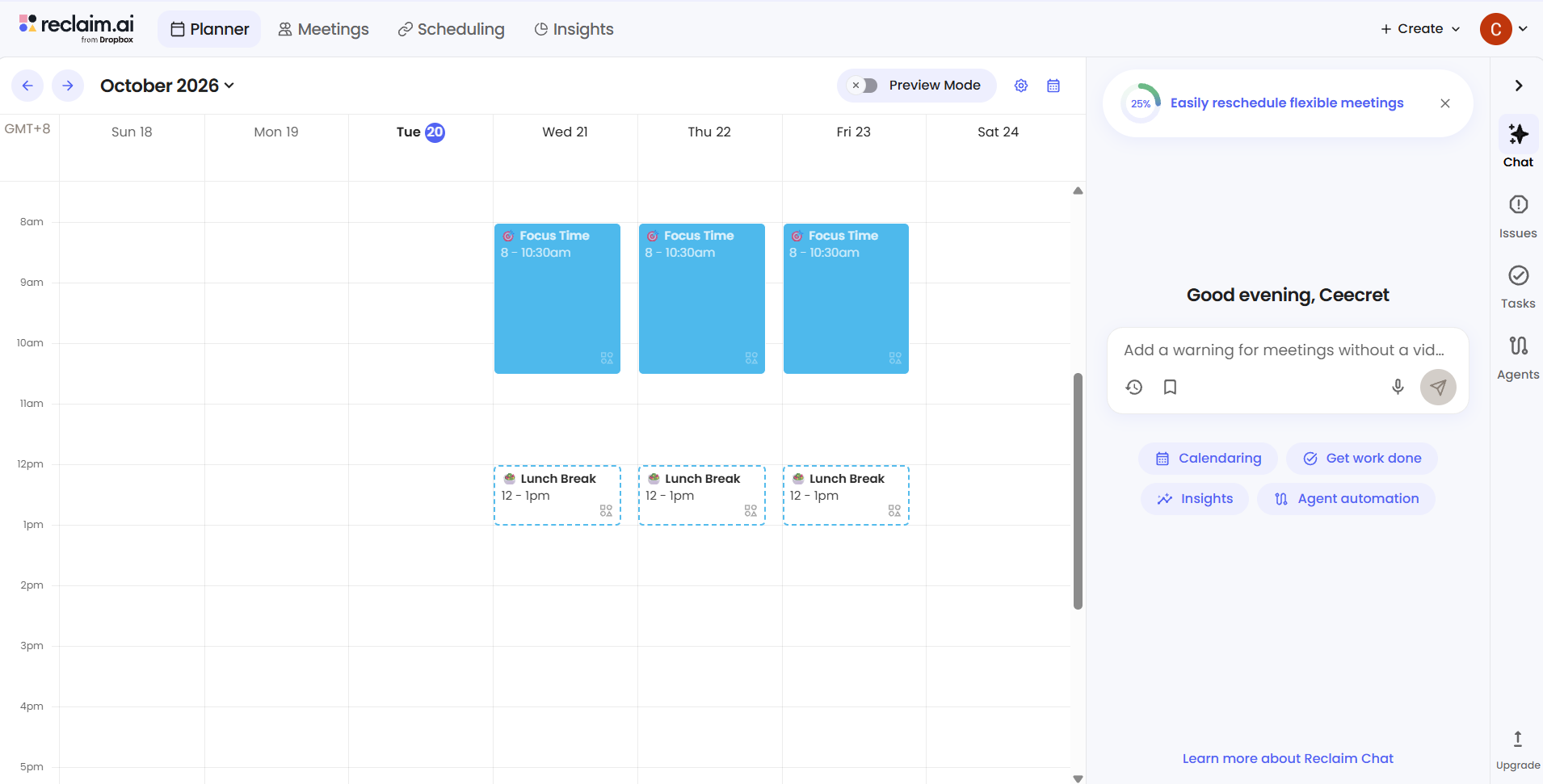 Reclaim.ai weekly planner showing scheduled focus time from 8 to 10:30 a.m. and lunch breaks from noon to 1 p.m.