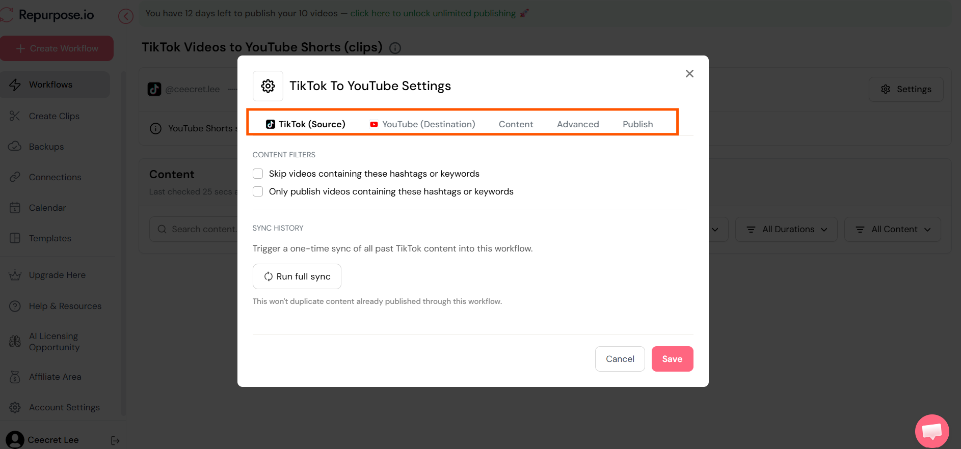 Screenshot of the Repurpose.io settings modal showing options for TikTok to YouTube content