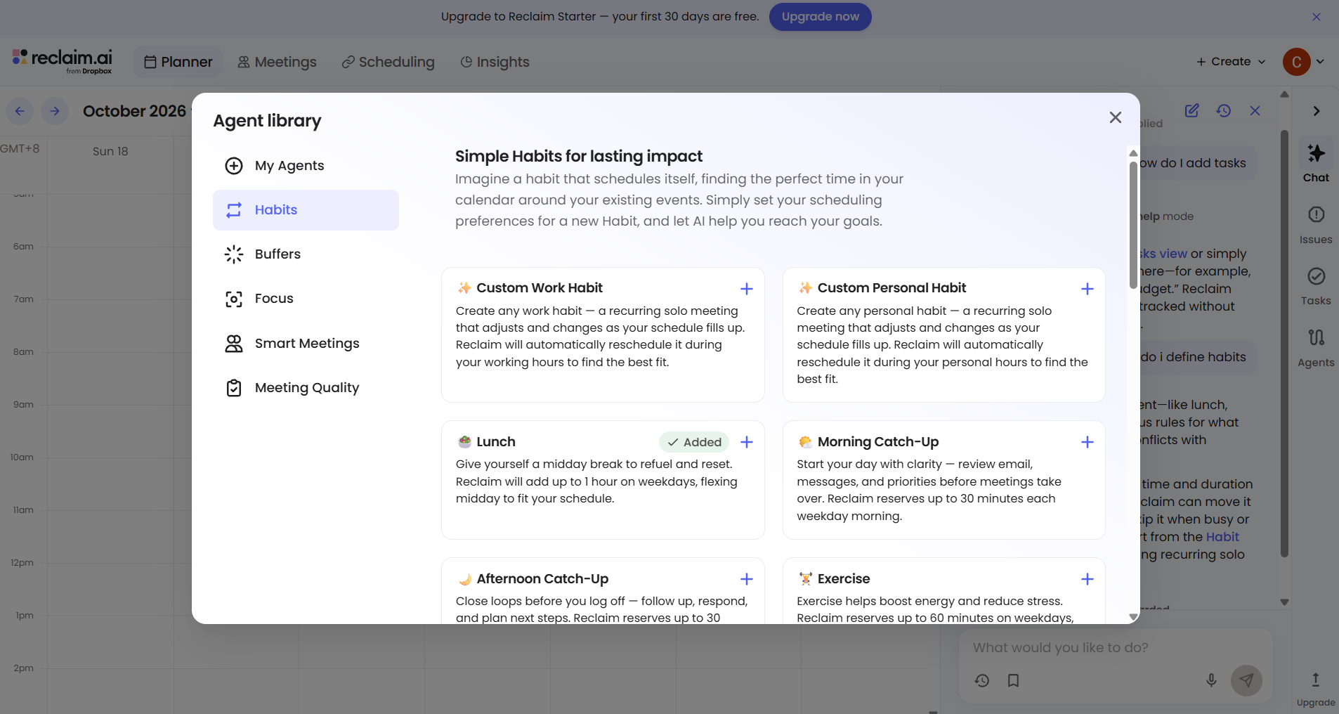 Reclaim.ai Agent Library showing habit options for lunch breaks, morning catch-ups, exercise, and custom work or personal habits.