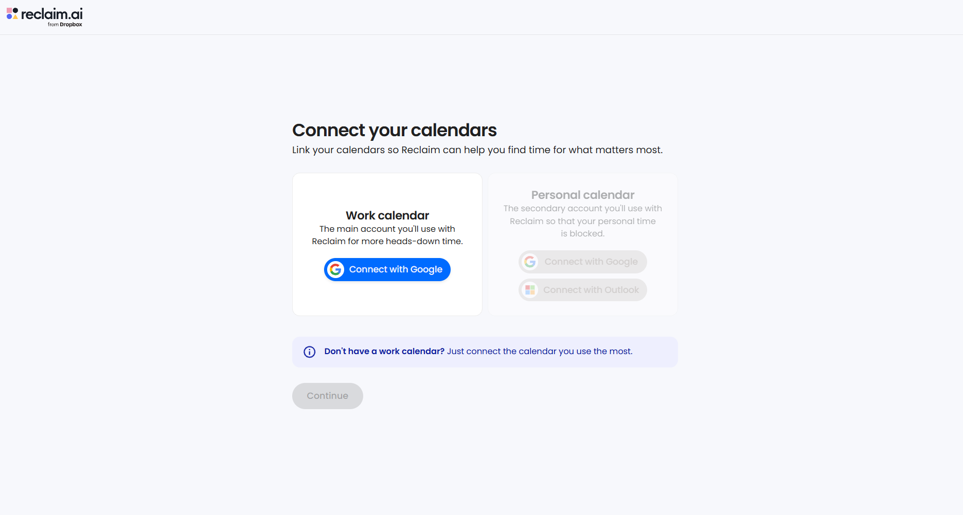 Reclaim.ai setup screen showing the option to connect a work calendar with Google.