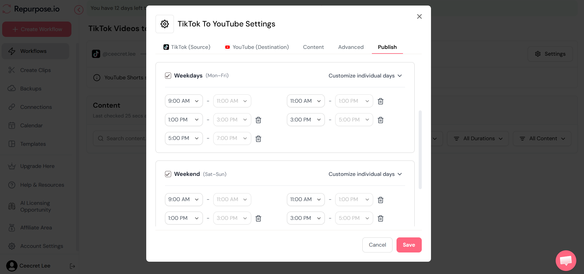 Screenshot of the Repurpose.io modal under the "Publish" tab