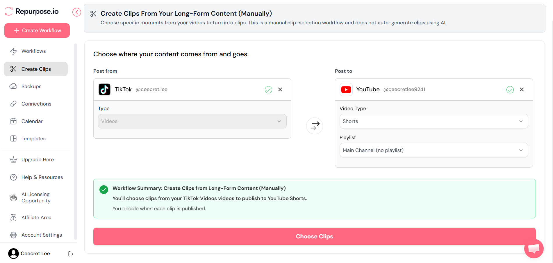 Screenshot of the Repurpose.io dashboard interface under the "Create Clips" section