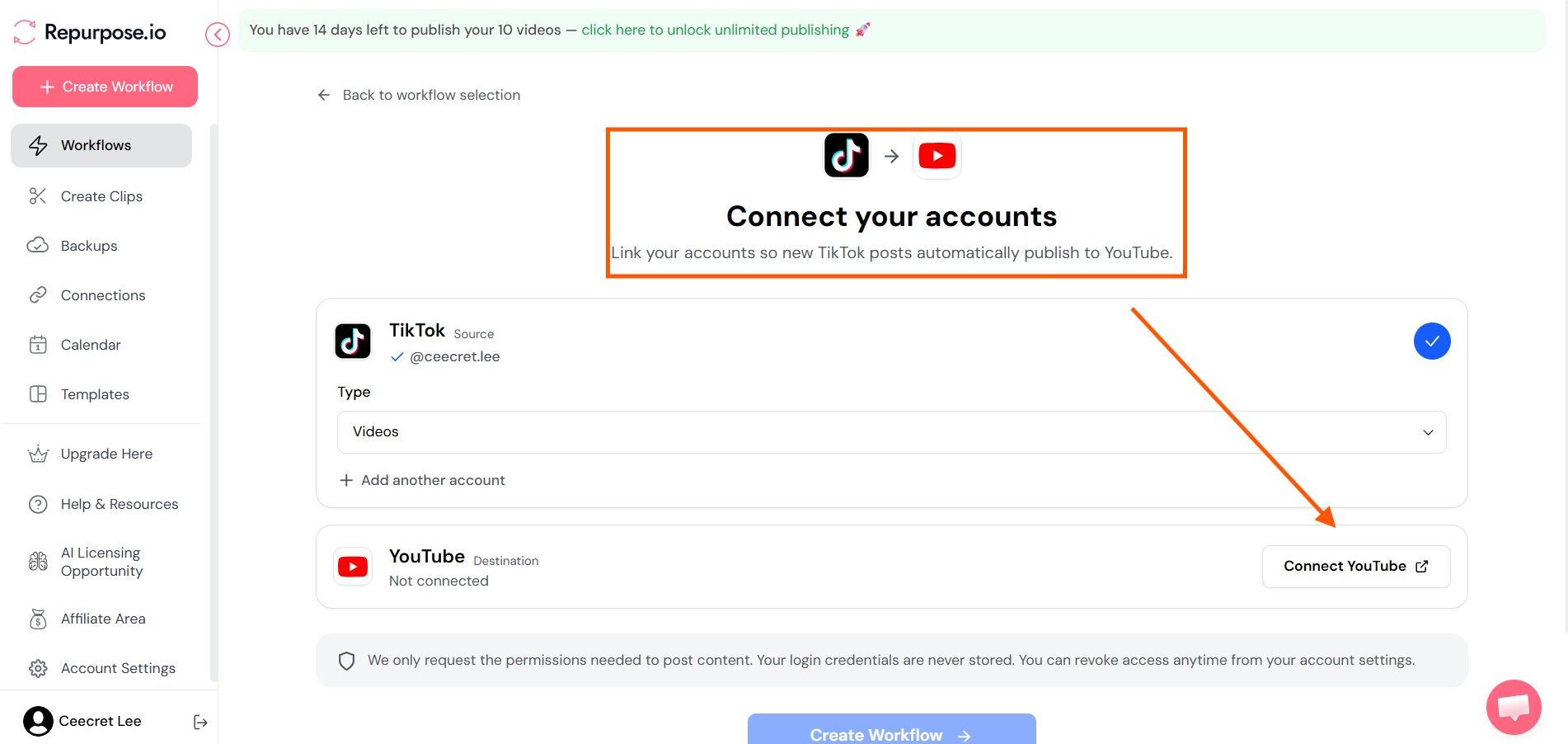 Screenshot of the Repurpose.io dashboard showing the setup screen