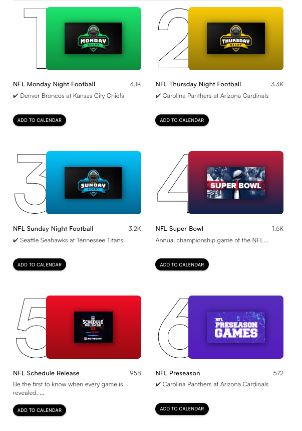 NFL calendars on Stanza: Monday, Thursday and Sunday Night Football, Super Bowl, Schedule Release, Preseason