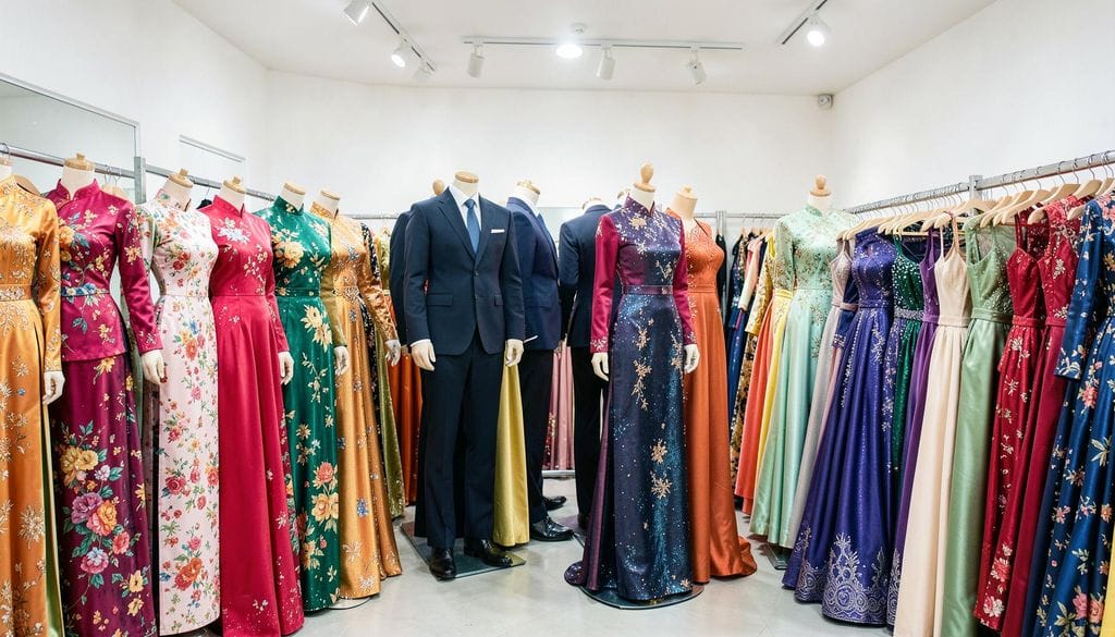 Bộ sưu tập trang phục cho thuê đa dạng với áo dài, vest và đầm dạ hội.