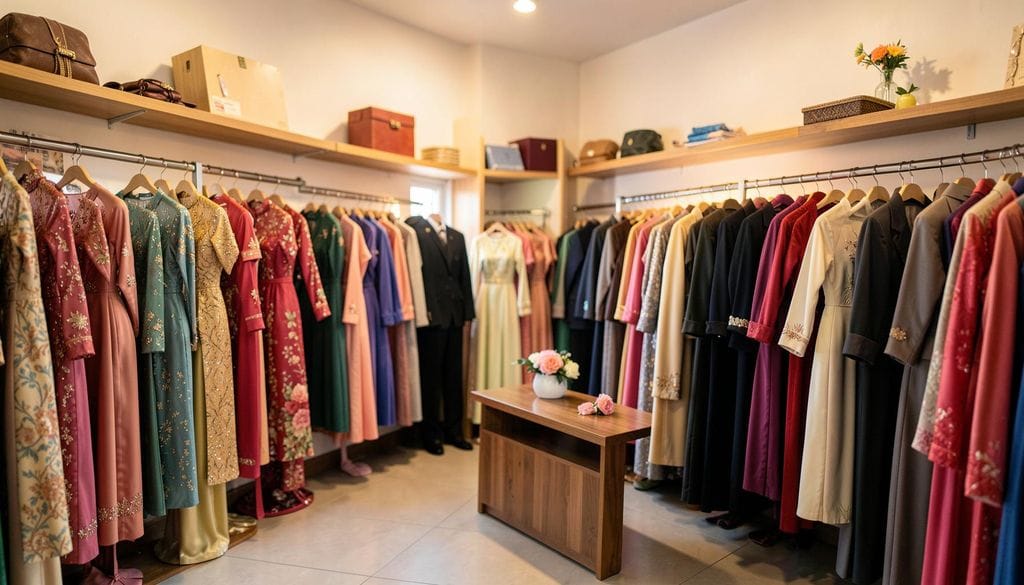 Cửa hàng cho thuê trang phục quy mô nhỏ với không gian gọn gàng, chuyên nghiệp.