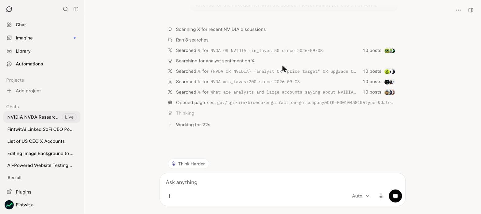 The agent at work: four X searches with min_faves filters, then opening sec.gov for NVIDIA's CIK, all from one prompt.