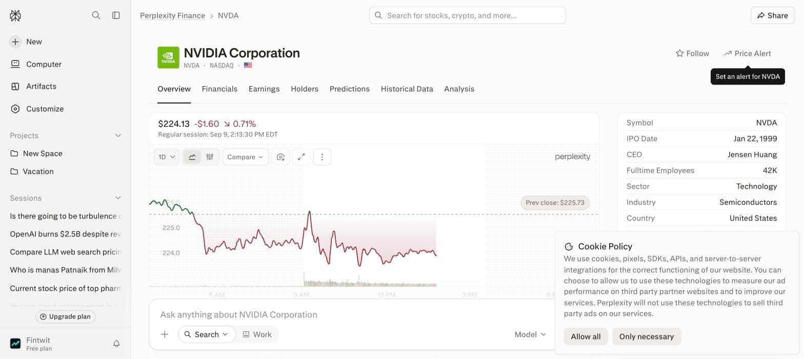 Perplexity Finance's NVDA page: live quote, financials, earnings, holders and an 'Ask anything about NVIDIA' box that feeds the agent.