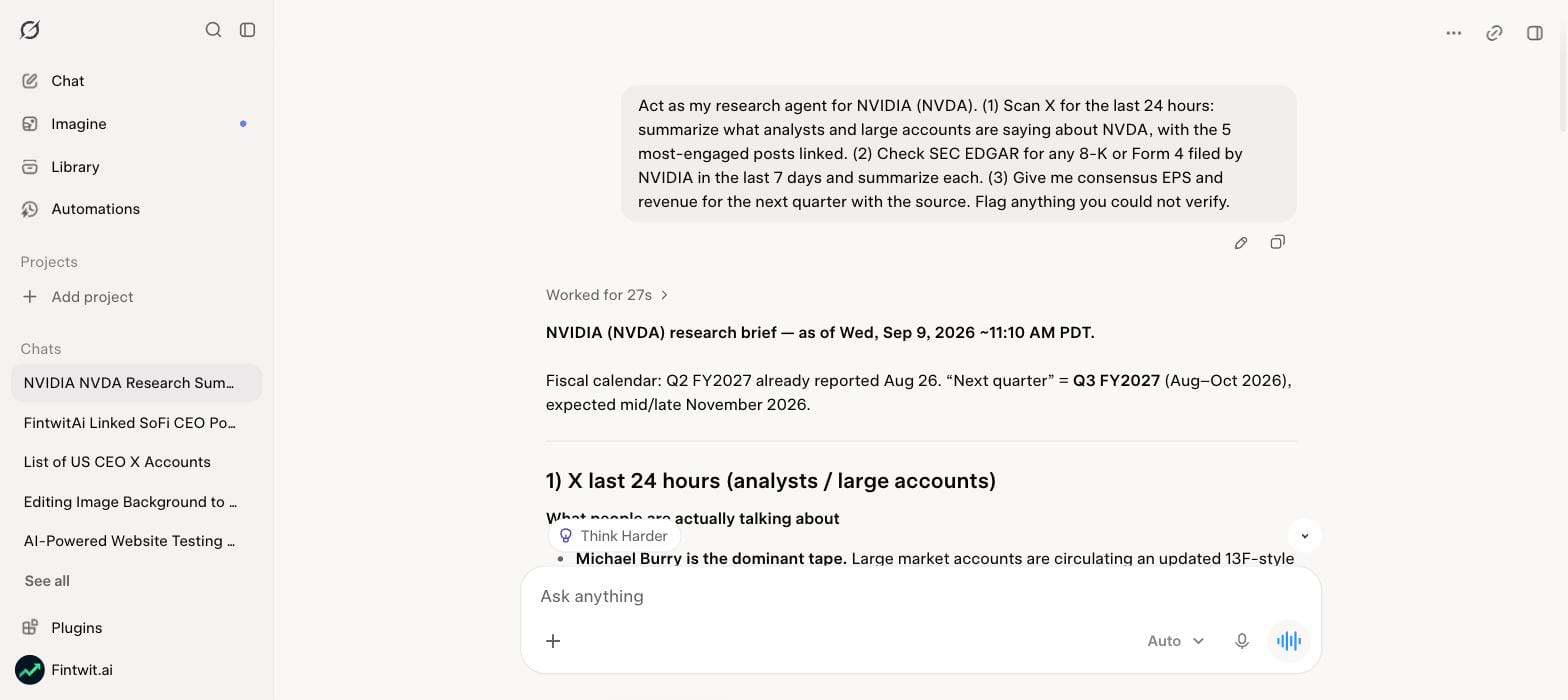 Grok's NVDA research brief, generated in 27 seconds from the prompt below: fiscal calendar check, then X sentiment, EDGAR filings and consensus.