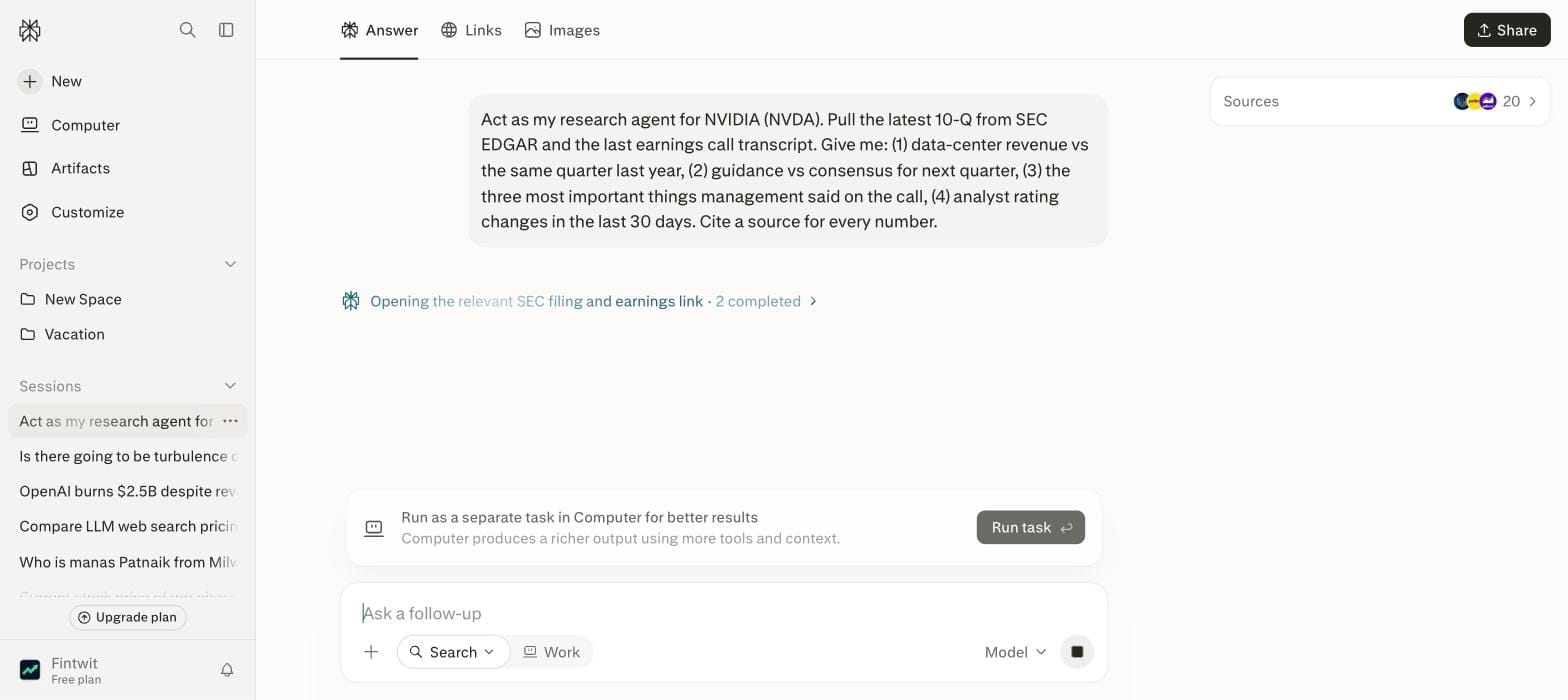The prompt below in Perplexity: it opens the SEC filing and earnings link itself, and offers to run the job as a Computer task.