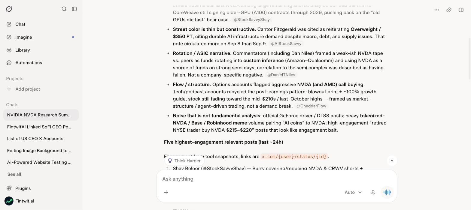 Section 1 of Grok's answer: what analysts and large accounts on X said about NVDA in the last 24 hours, each point attributed to a handle.