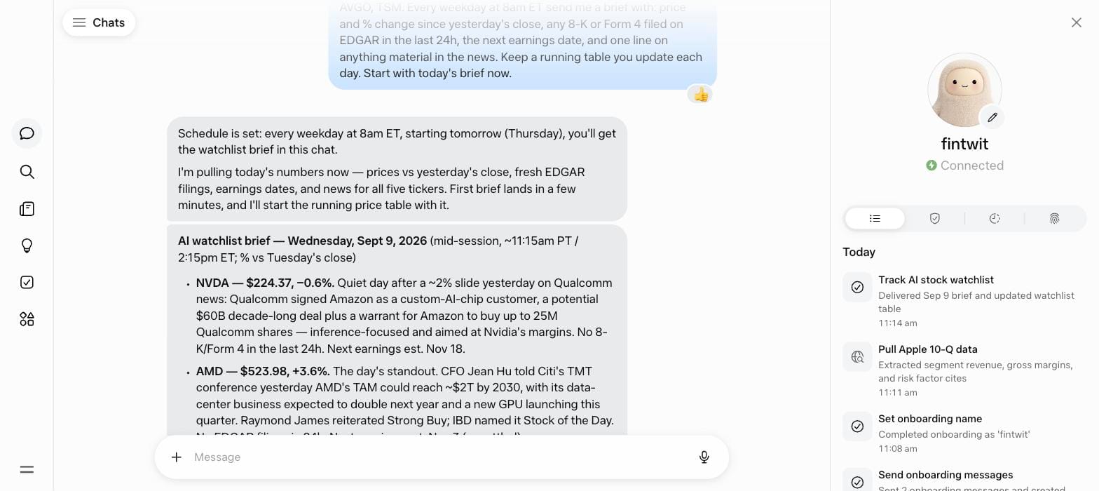 Muse's first AI watchlist brief: NVDA, AMD price and move vs prior close, the news behind it, EDGAR check and next earnings date.