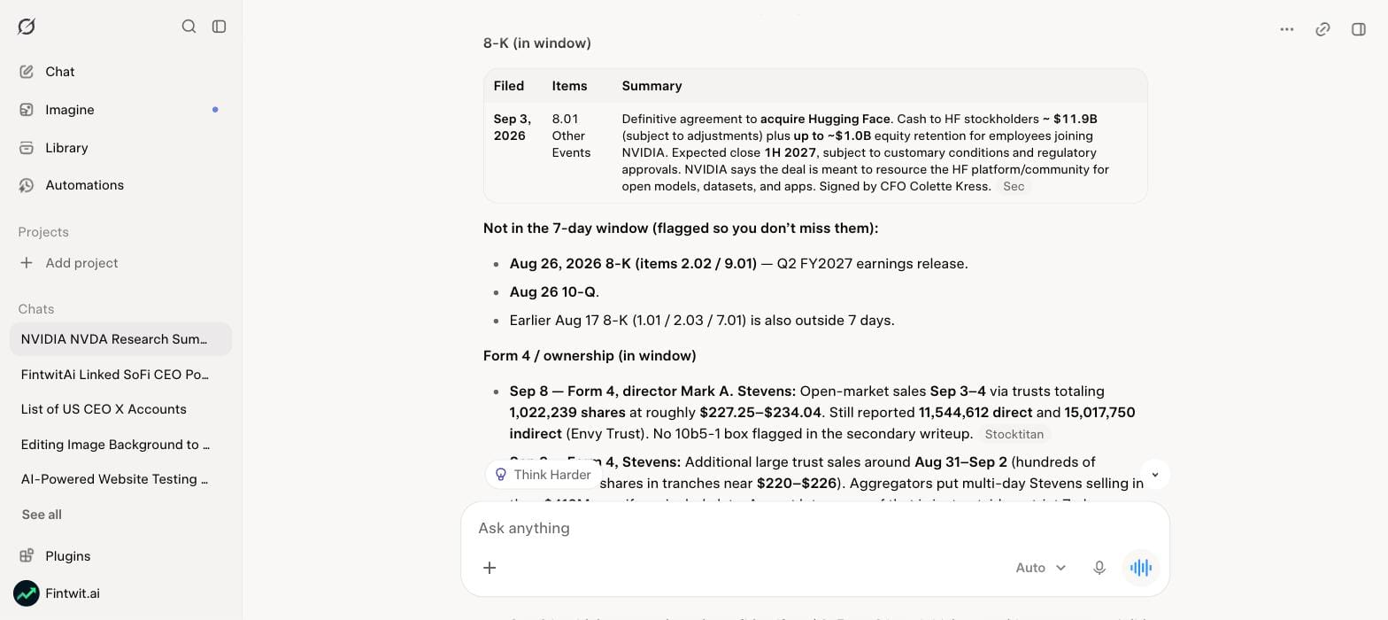 Grok pulled NVIDIA's EDGAR filings list and summarised the 8-K and Form 4 activity in the 7-day window, with the SEC source linked.