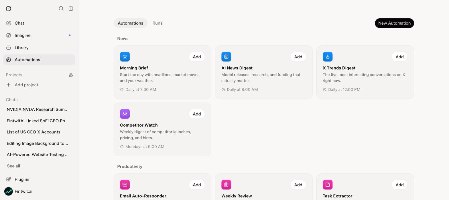 Grok Automations: schedule a recurring brief (Morning Brief, X Trends Digest) so the research runs without you.
