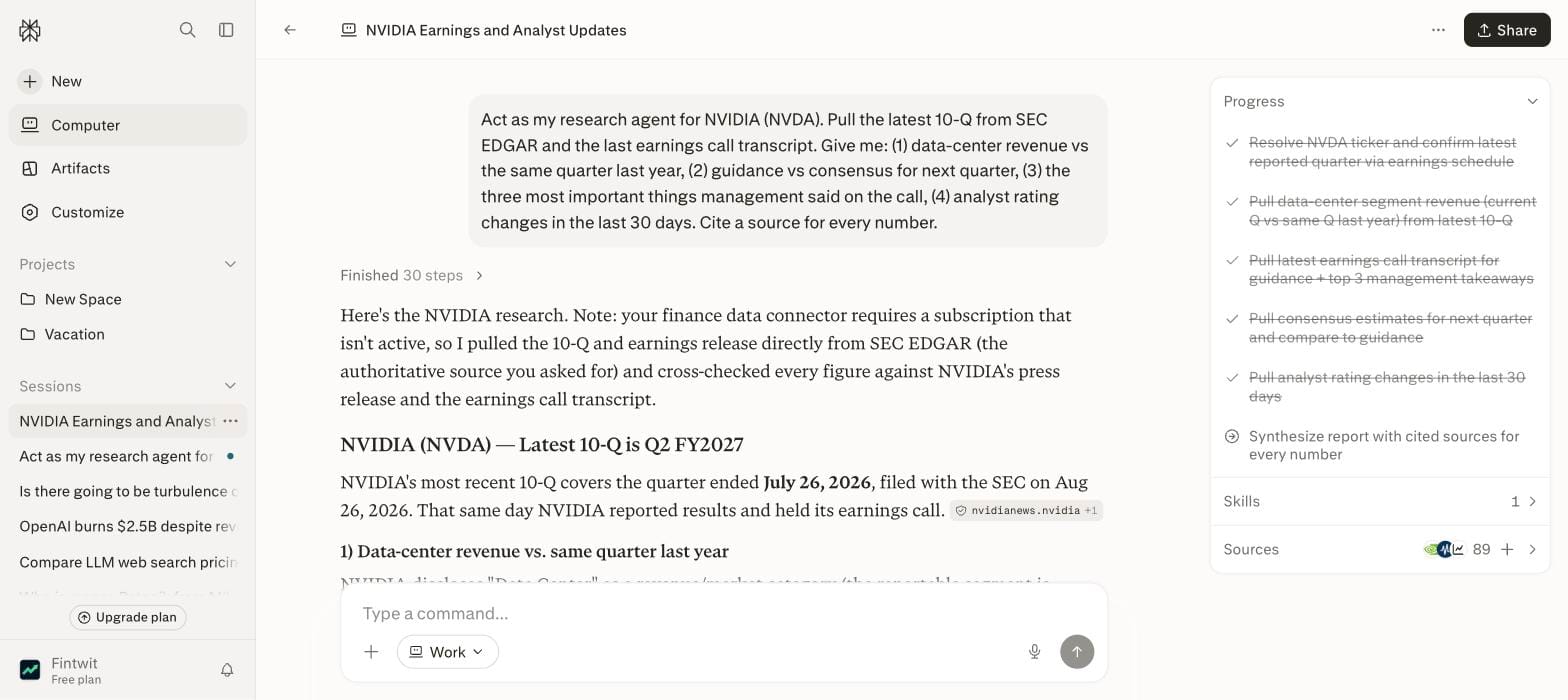 The finished report after 30 steps and 89 sources: Perplexity Computer pulled NVIDIA's Q2 FY2027 10-Q from EDGAR itself and cross-checked every figure against the press release and call transcript.