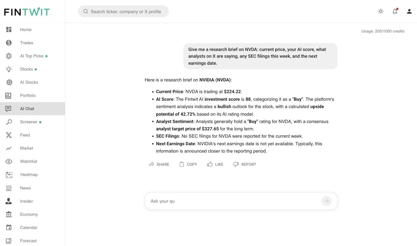 The same NVDA question in Fintwit Chat: live price, the Fintwit AI score, analyst consensus and filings in one answer, no prompt engineering.