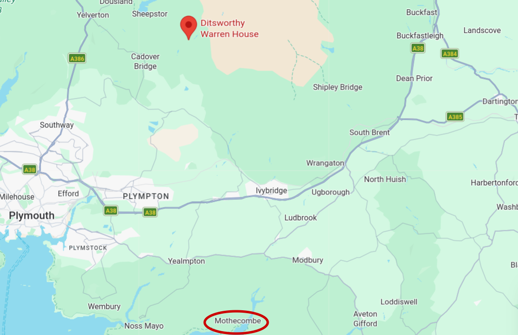 Map showing the considerable distance between Ditsworthy Warren House and Mothecombe Beach