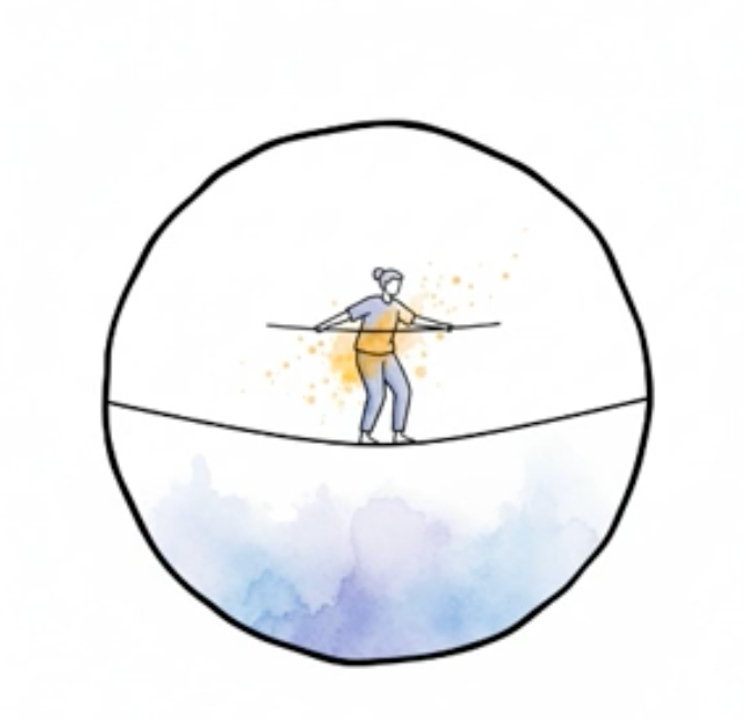 Cartoon sketch of a woman trying to walk a tightrope