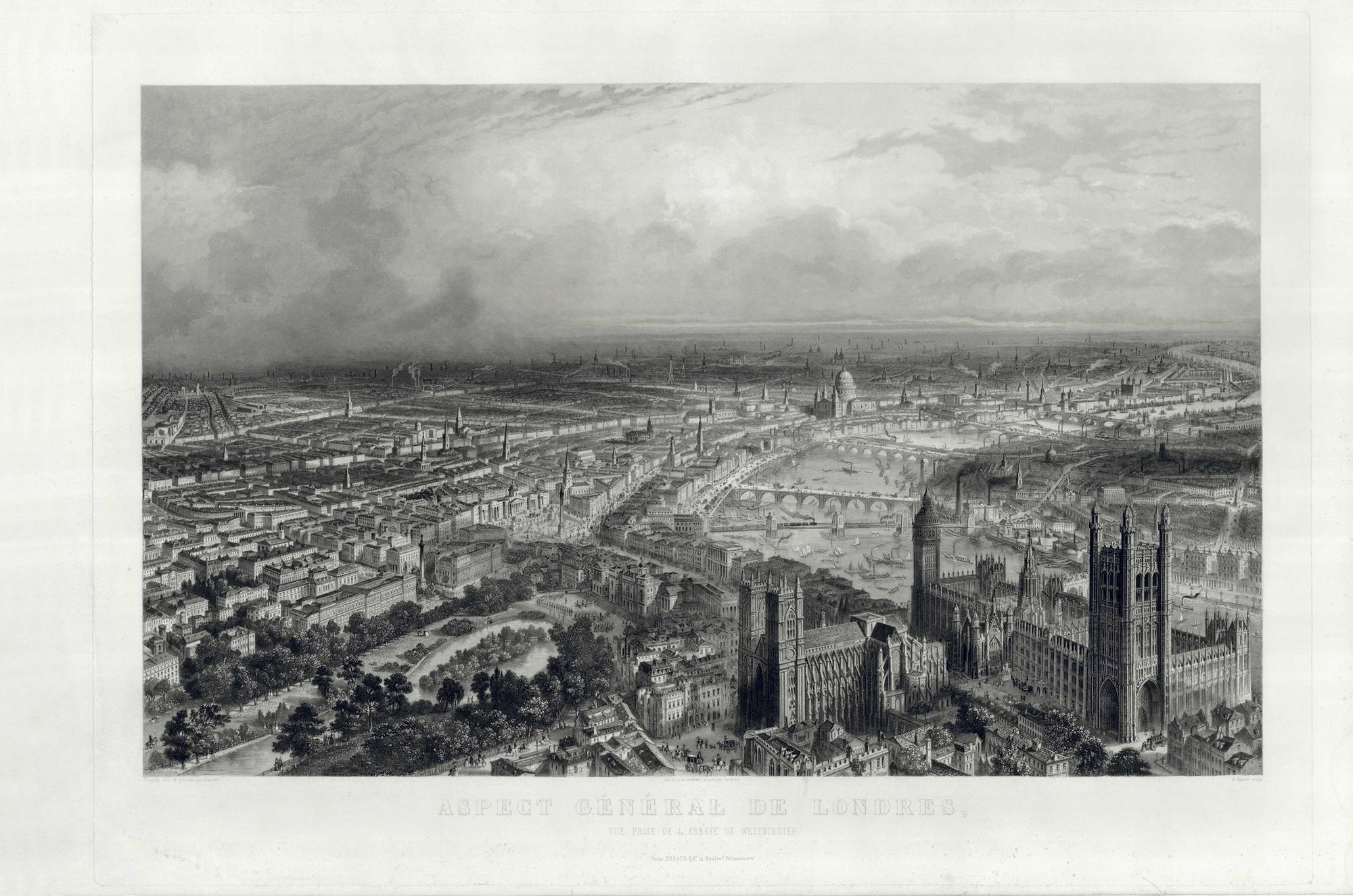 Balloon view of the City of Westminster eastwards to The City of London 1870.