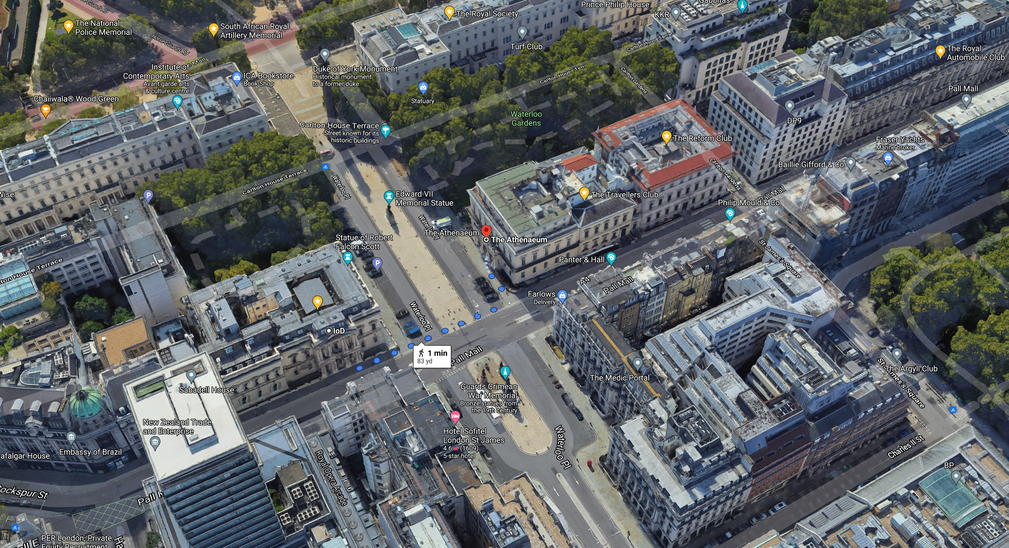 Aerial view of (L) Institute of Directors and (R) The Athenaeum Club along Pall Mall: Google Earth 2021