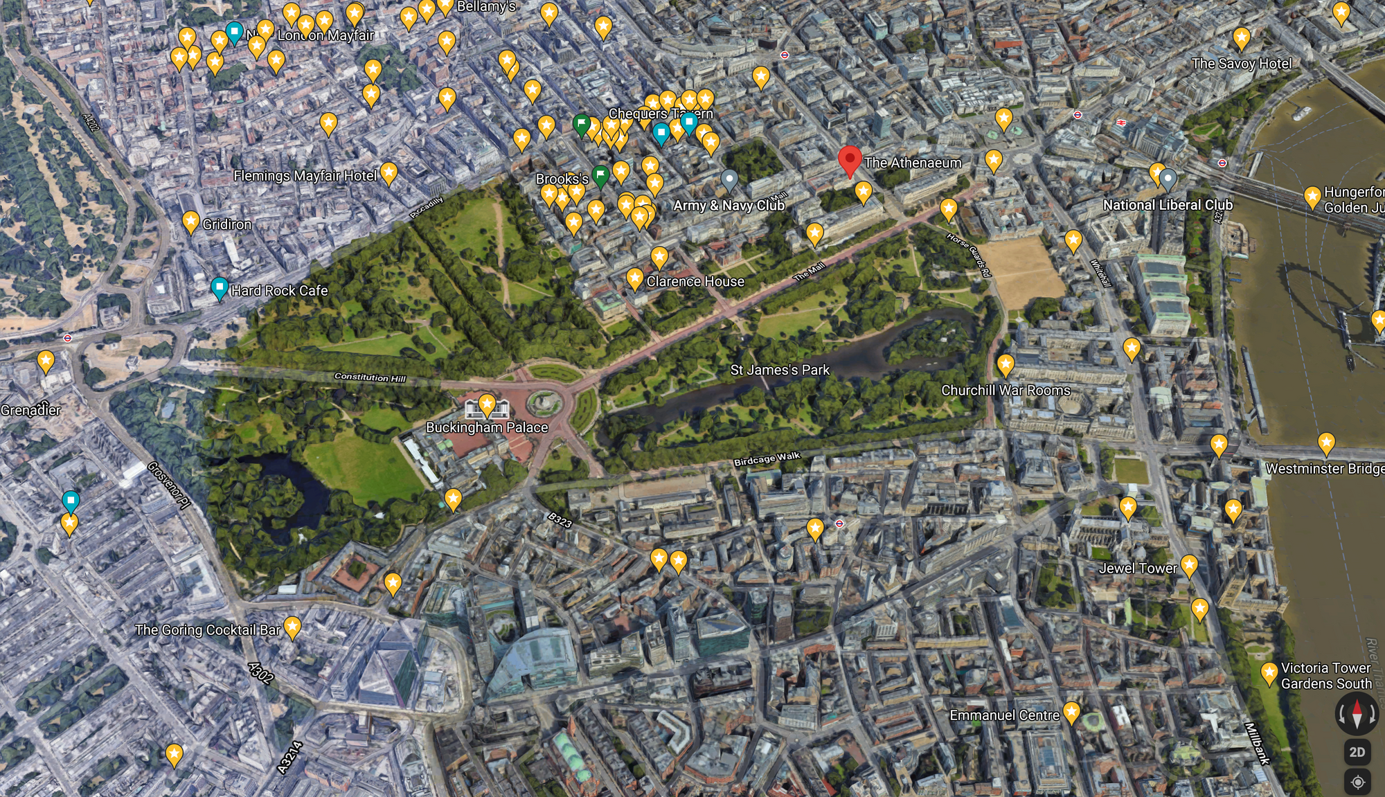 Present day arial view of The City of Westminster, including The Parish of St James's and Mayfair: Google Earth 2021