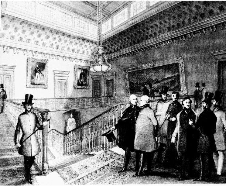 Etching of Staircase Landing in United Service Club from 1841: Surveys of London Vol. 29-30