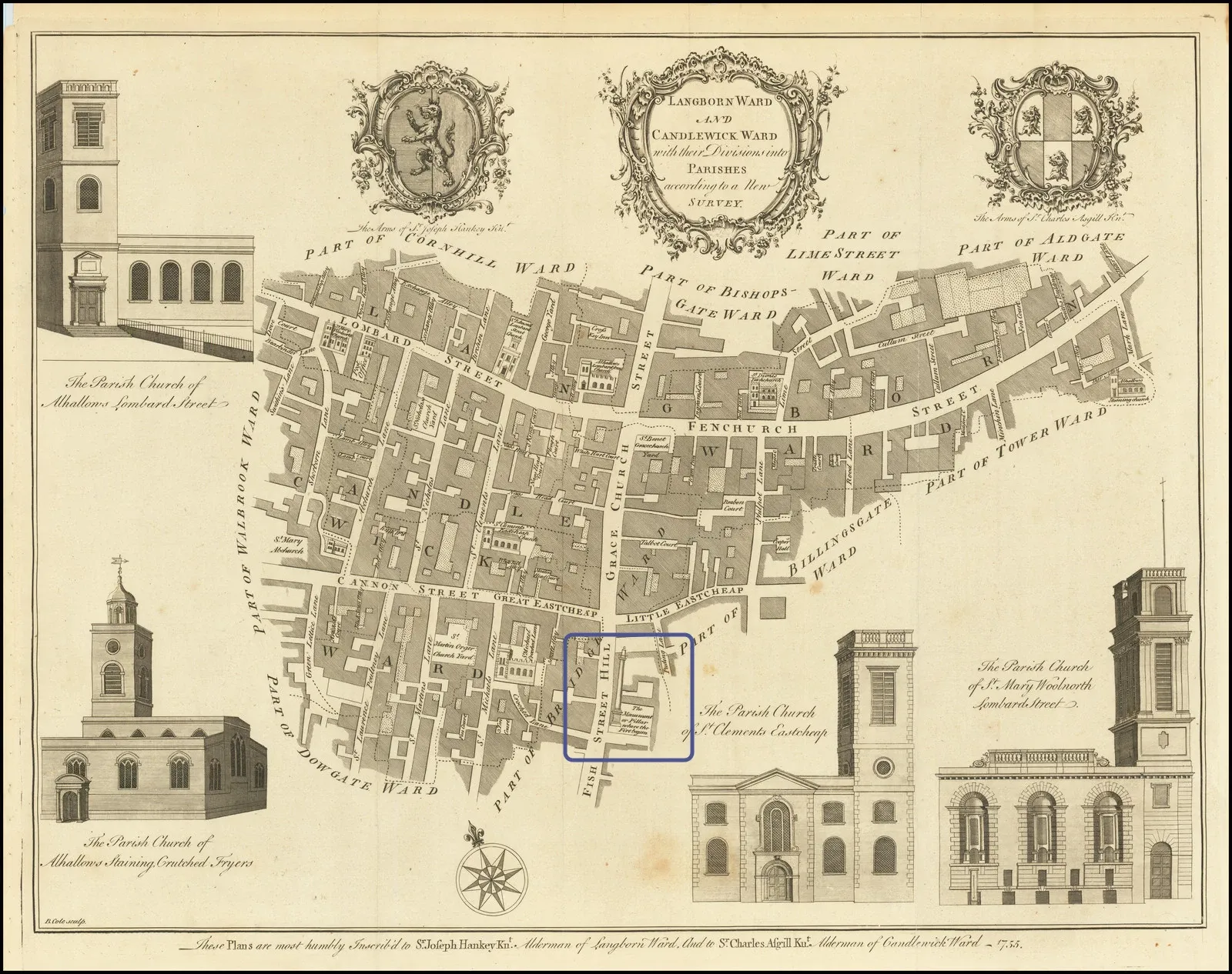 John Stow's 1755 Survey of Langborn and Candlewick Ward with Divisions. Source: Barry Lawrence Ruderman Antique Maps