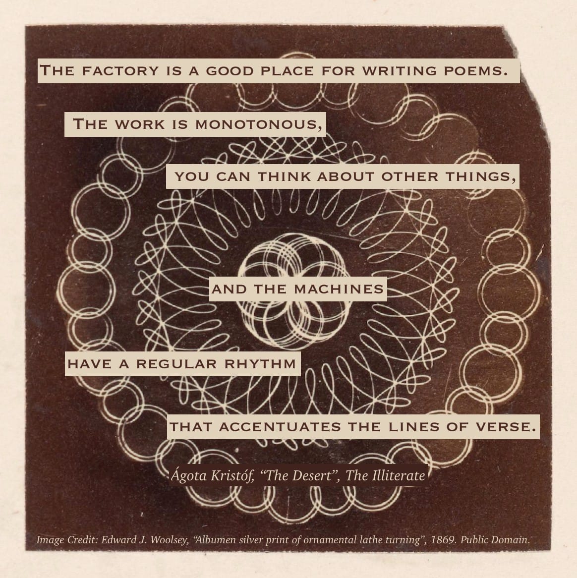 The quotation, "The factory is a good place for writing poems. The work is monotonous, you can think about other things, and the machines have a regular rhythm that accentuates the lines of verse", from Agota Kristof's memoir "The Illiterate", overlaid on an abstract spirograph created by Edward J. Woolsey in 1869.