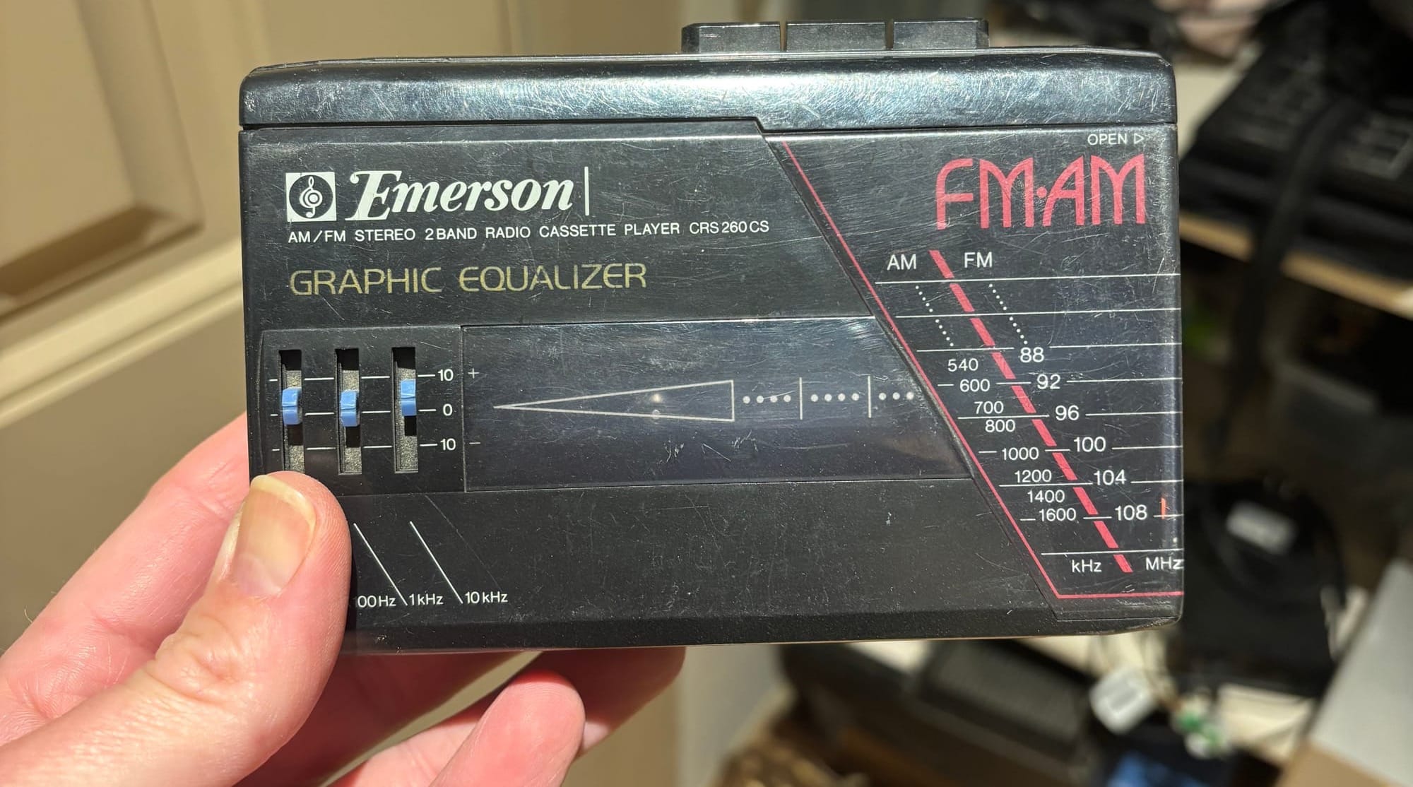 Photo of a vintage, early 1990s Emerson AM/FM stereo cassette player with graphic equalizer