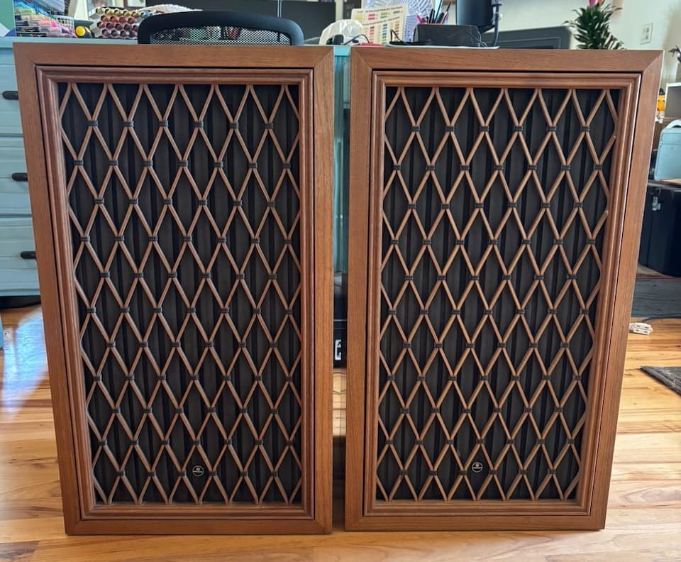 Vintage early 1970s Pioneer CS-88a speakers with wood cabinets and lattice grills