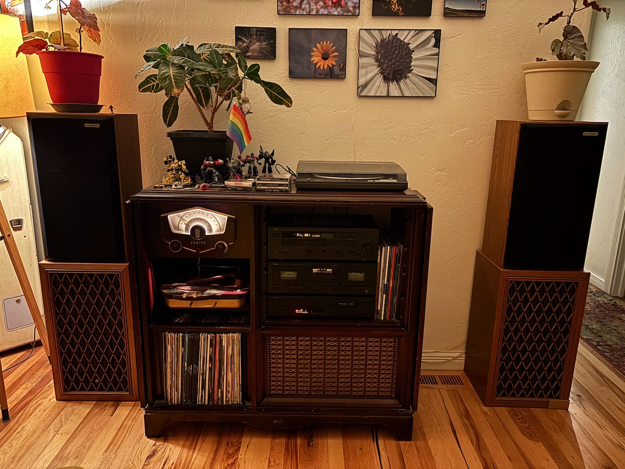 Ava's first complete stereo system. Receiver, cassette deck, cd player, and big speakers along with a vintage Zenith AM/FM stereo, record, and TV console from the 1950s