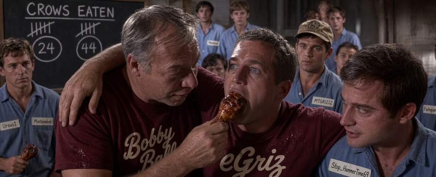 A prison-camp bunkhouse scene: a man in an eGriz shirt being fed roasted crow while inmates in name-taped shirts look on; a chalkboard reads CROWS EATEN, 24 and 44