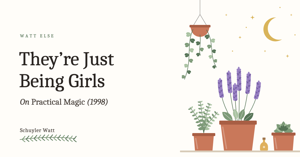 Potted lavender, a fern, a succulent and a hanging vine under a crescent moon