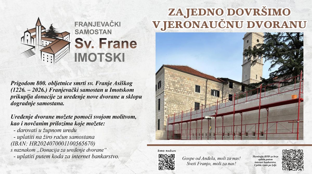 Franjevački samostan Imotski pokreće prikupljanje donacija za dovršetak nove vjeronaučne dvorane