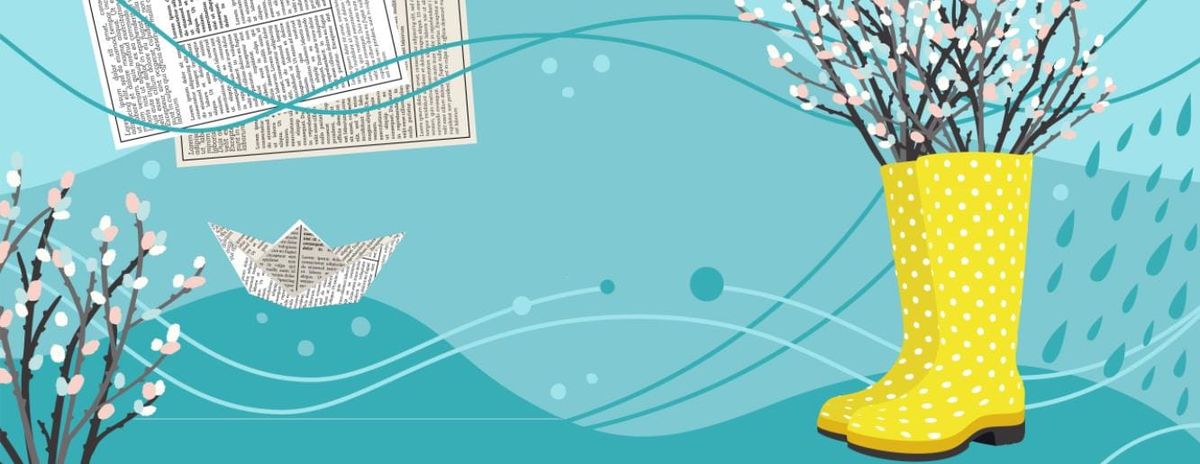 Ilustracija s škornji, časopisnimi listi in barčico, cvetočimi drevesnimi vejicami in dežnimi kapljami