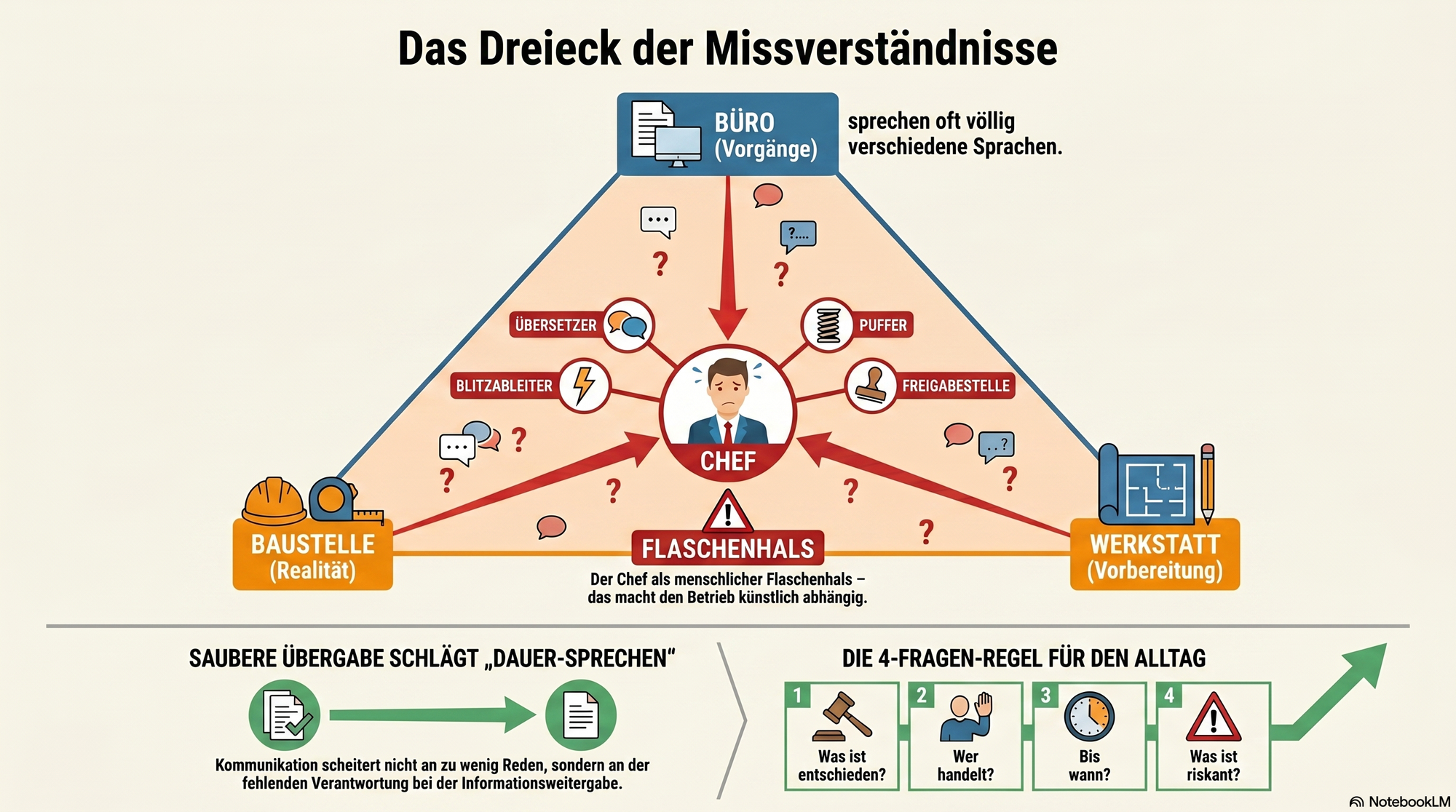 Infografik zur Kommunikation im Handwerksbetrieb: Büro, Baustelle und Werkstatt verlieren Informationen, wenn Übergaben, Entscheidungen und Verantwortlichkeiten nicht klar geregelt sind.