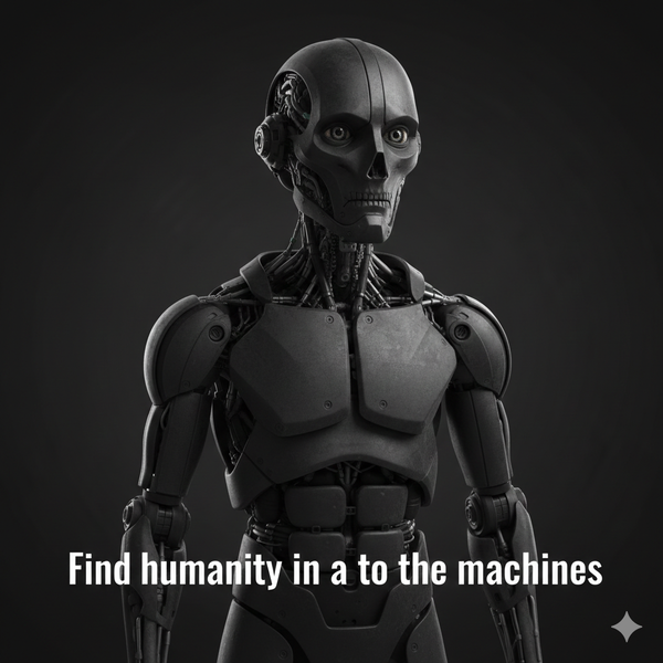 Image of a terrifying robot that is matte gray with a quite serious facial expression, captioned "Find humanity in a to the machines"