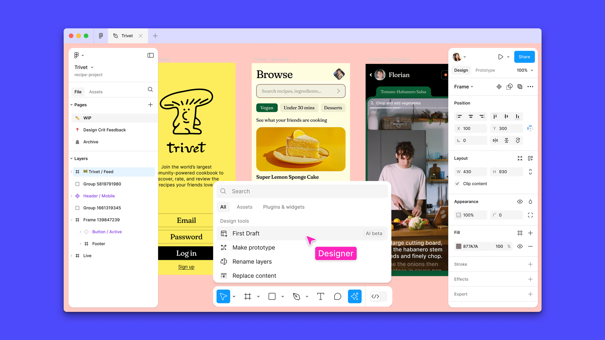 Image of Figma's AI workspace on a blue background.