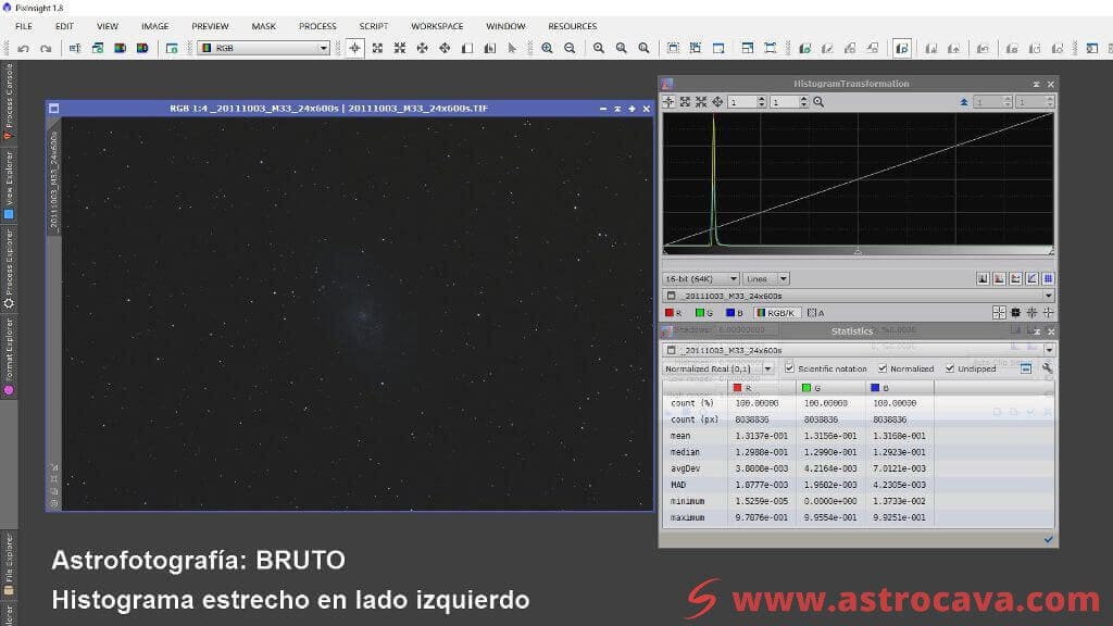 Imagen de M33 tras apilado y su histograma