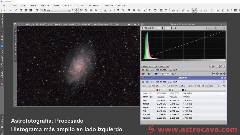 Imagen de M33 tras procesado y su histograma