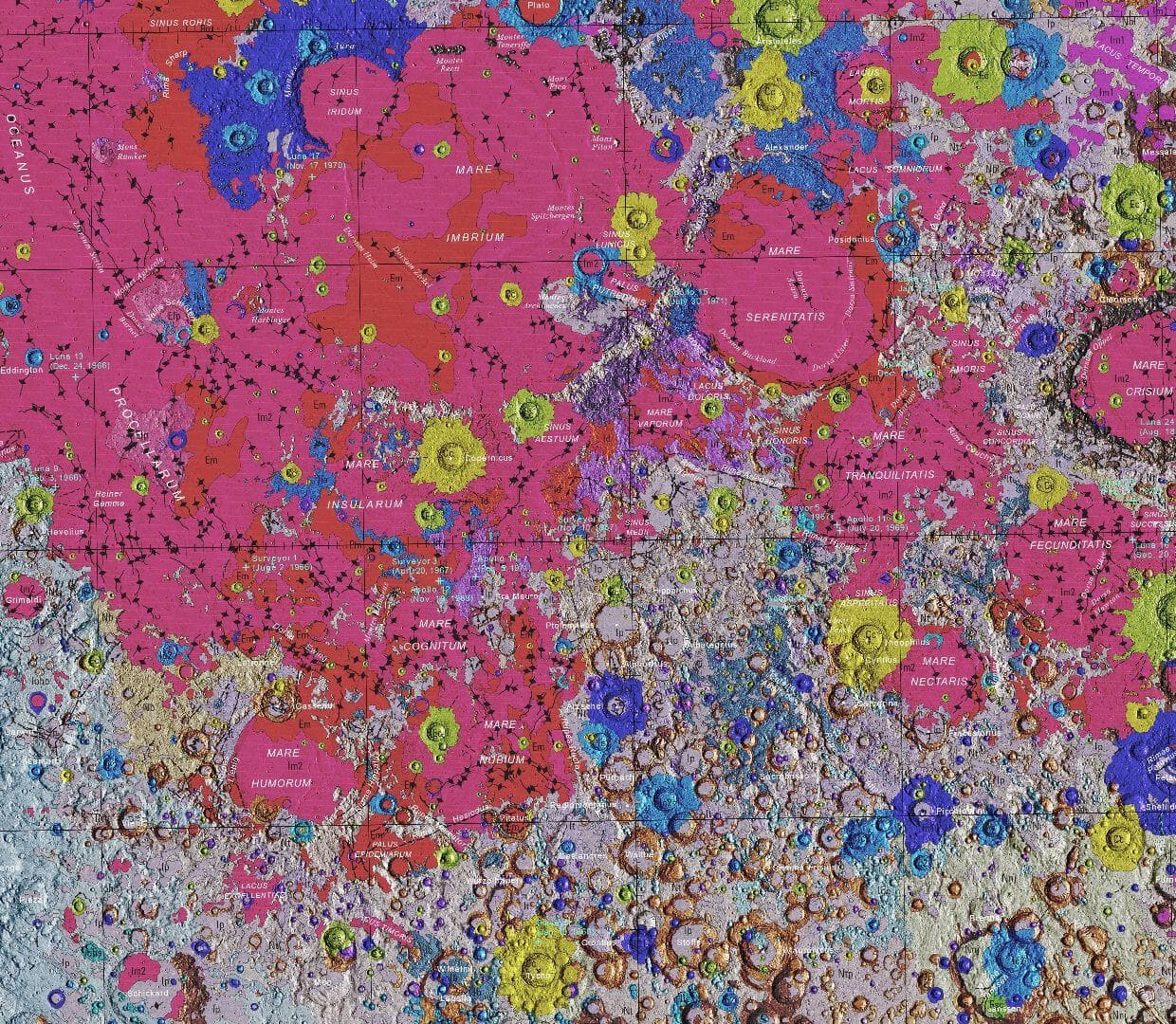 Detalle mapa geológico Luna de la misma zona. Autores:Corey M. Fortezzo (USGS), Paul D. Spudis (LPI), Shannon L. Harrel (SD Mines).