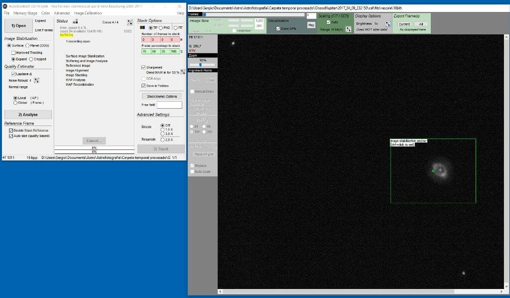 Captura de pantalla de Autostakkert para iniciar la integración.