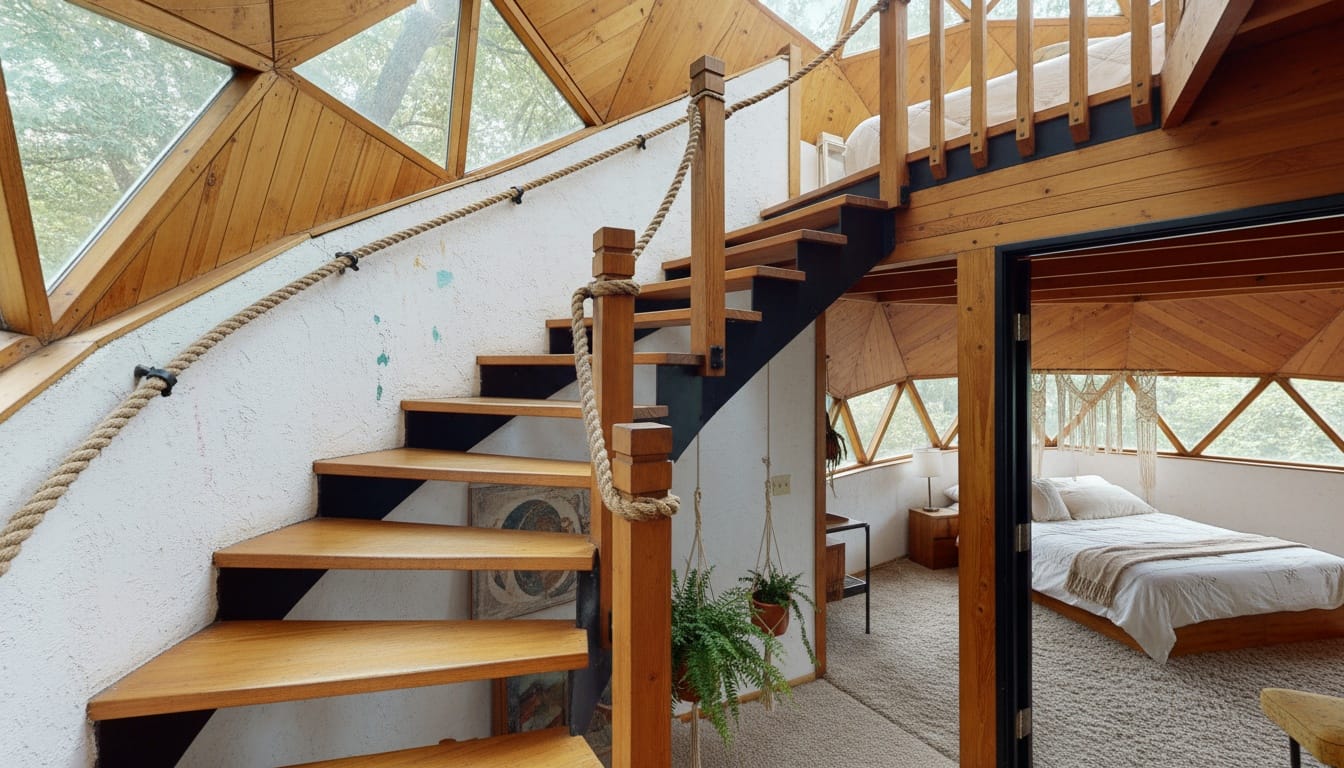 Octagon room with big triangles and dark wood. Cabin vibes, upgraded.