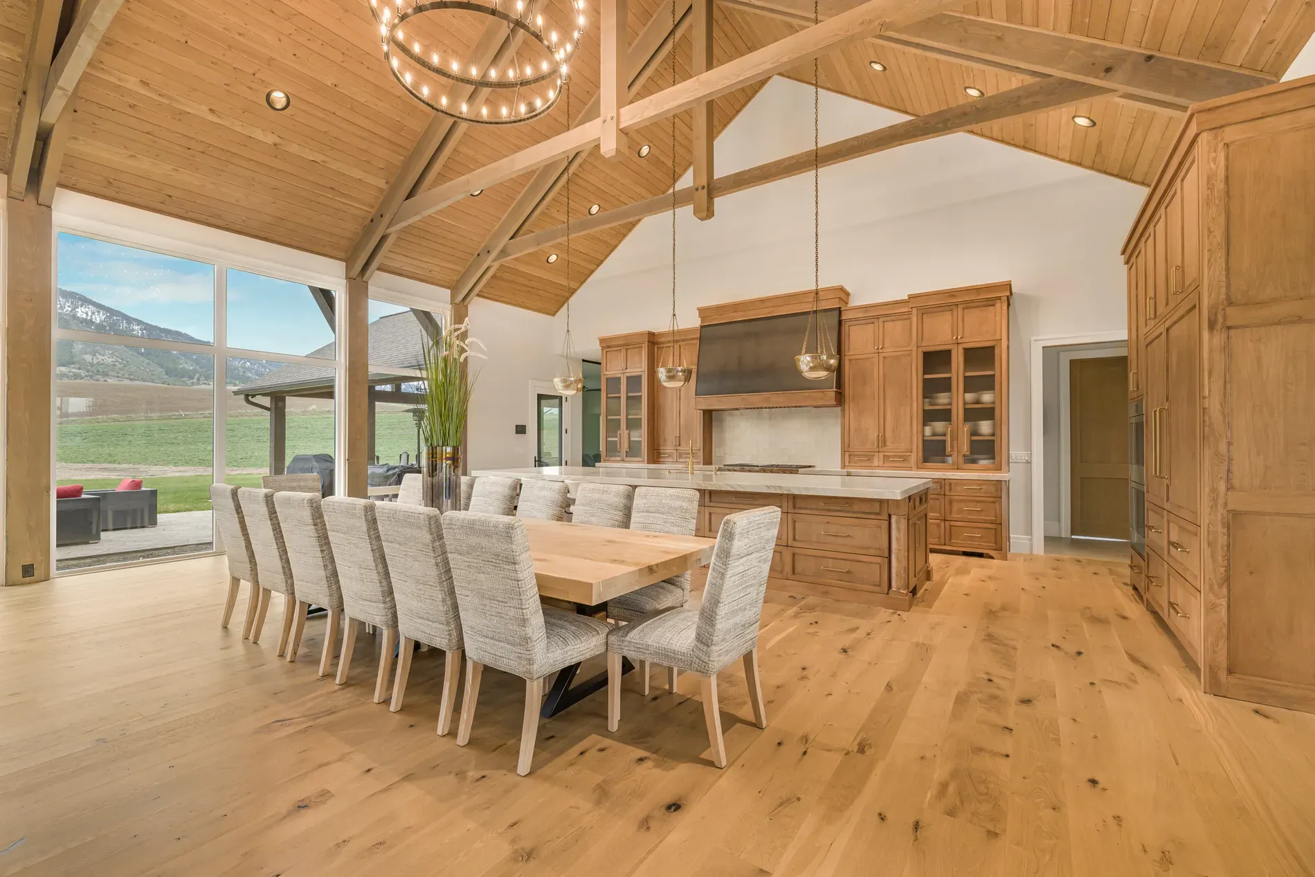 Here’s the great room. beams are massive. From this angle, views steal everything.