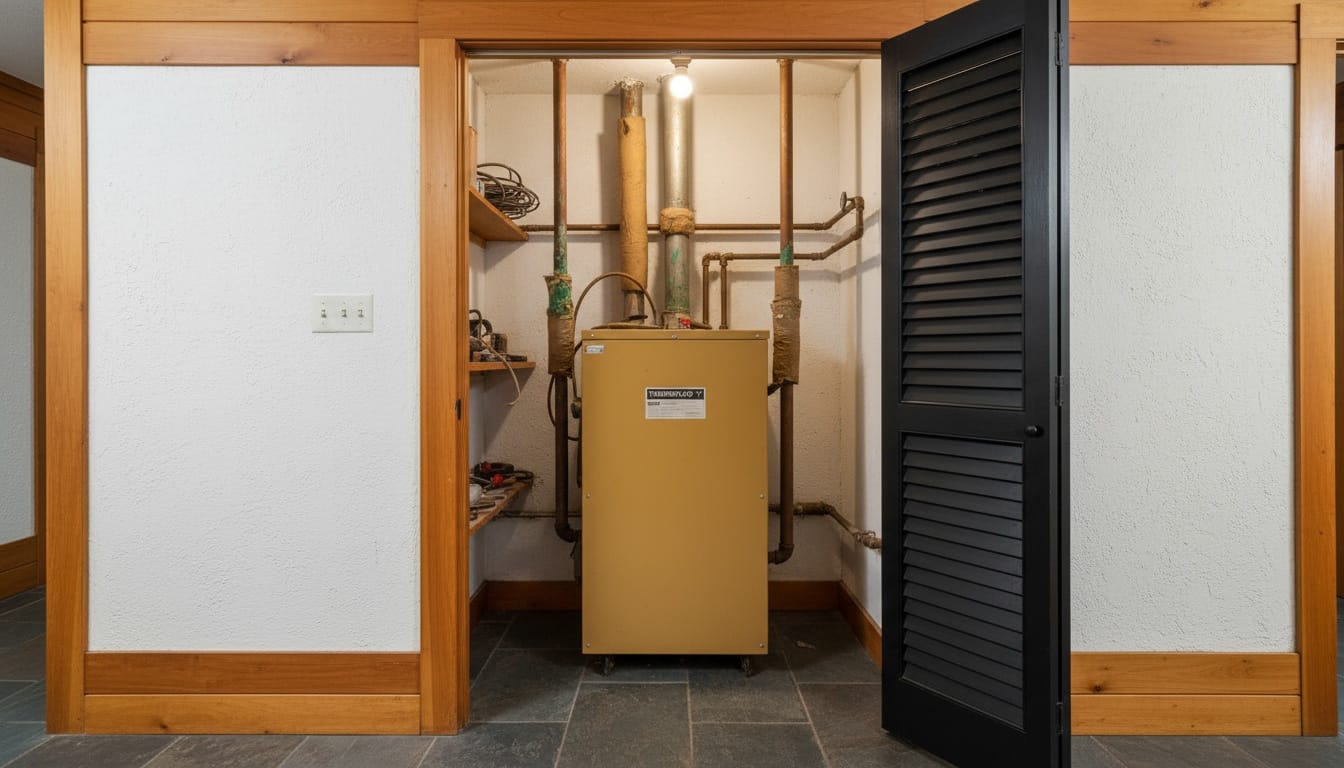 Clean white closet, chunky wood trim. Feels organized but still warm.