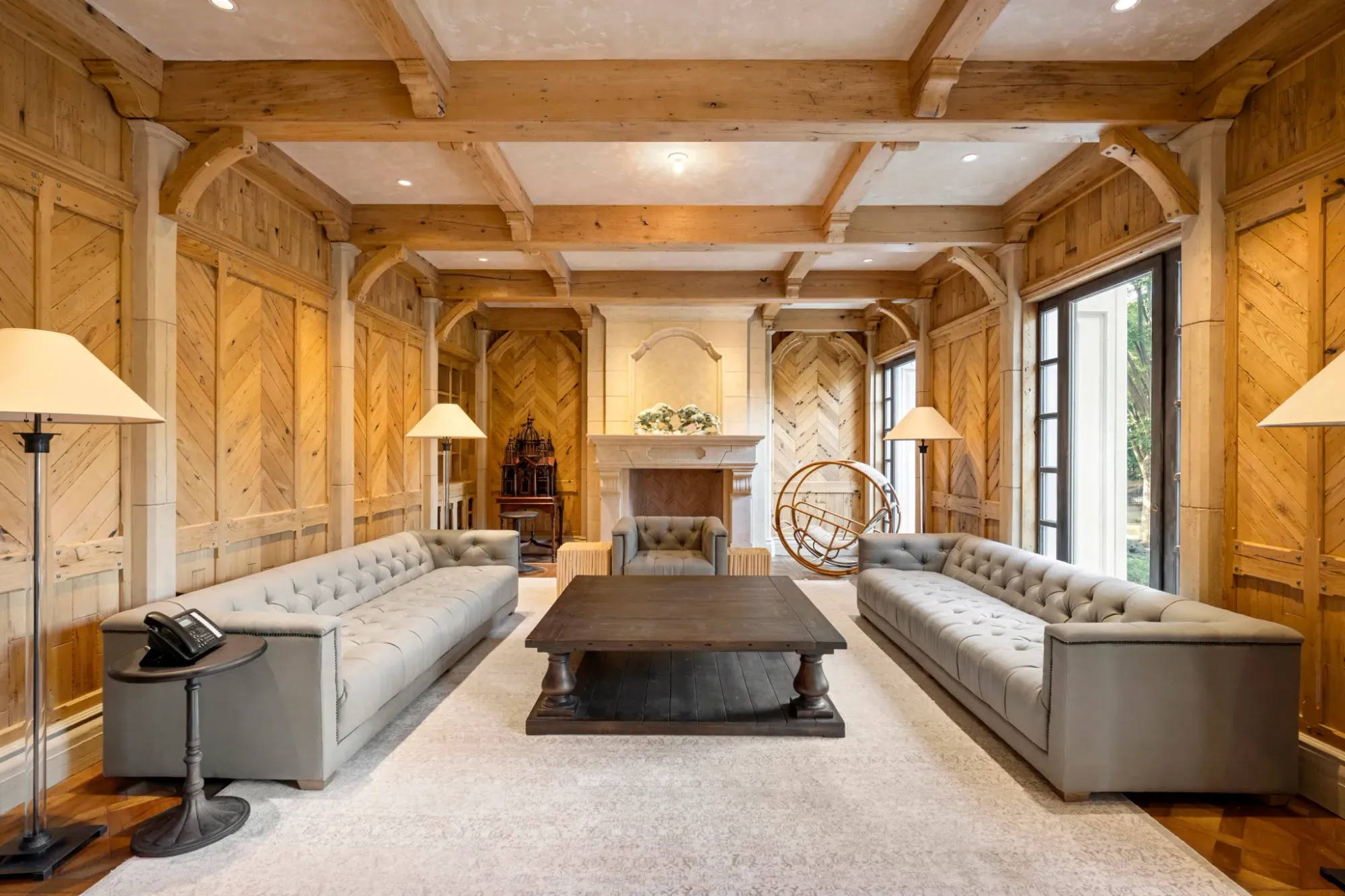 Herringbone wall panels everywhere. From this angle, it’s warm but intense.