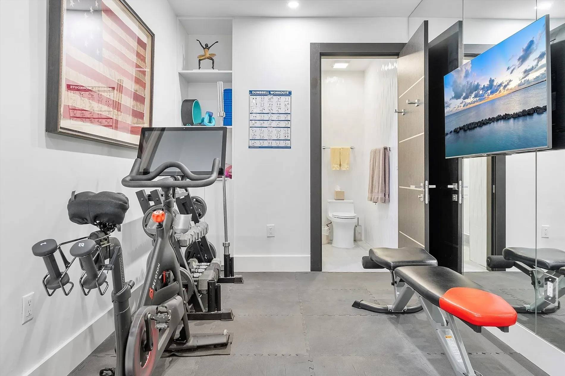 Home gym time—mirror wall doubling the space. Do the dumbbells come with?
