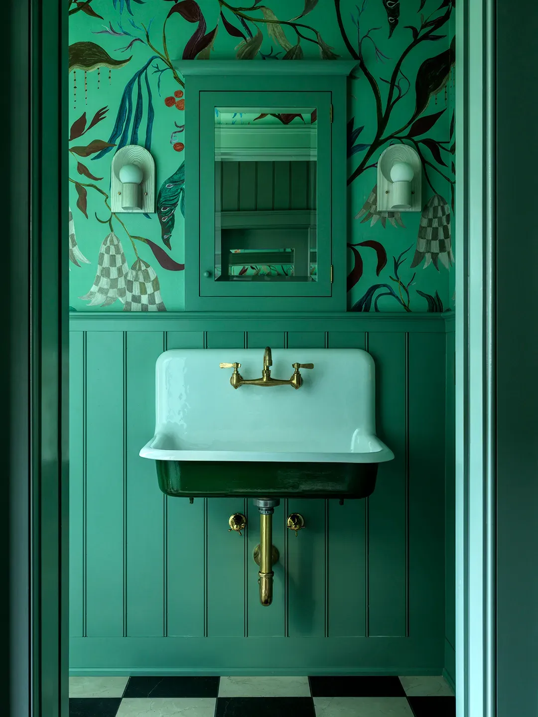 Powder room said go big—jewel wallpaper everywhere. Anyone know why the gloss?