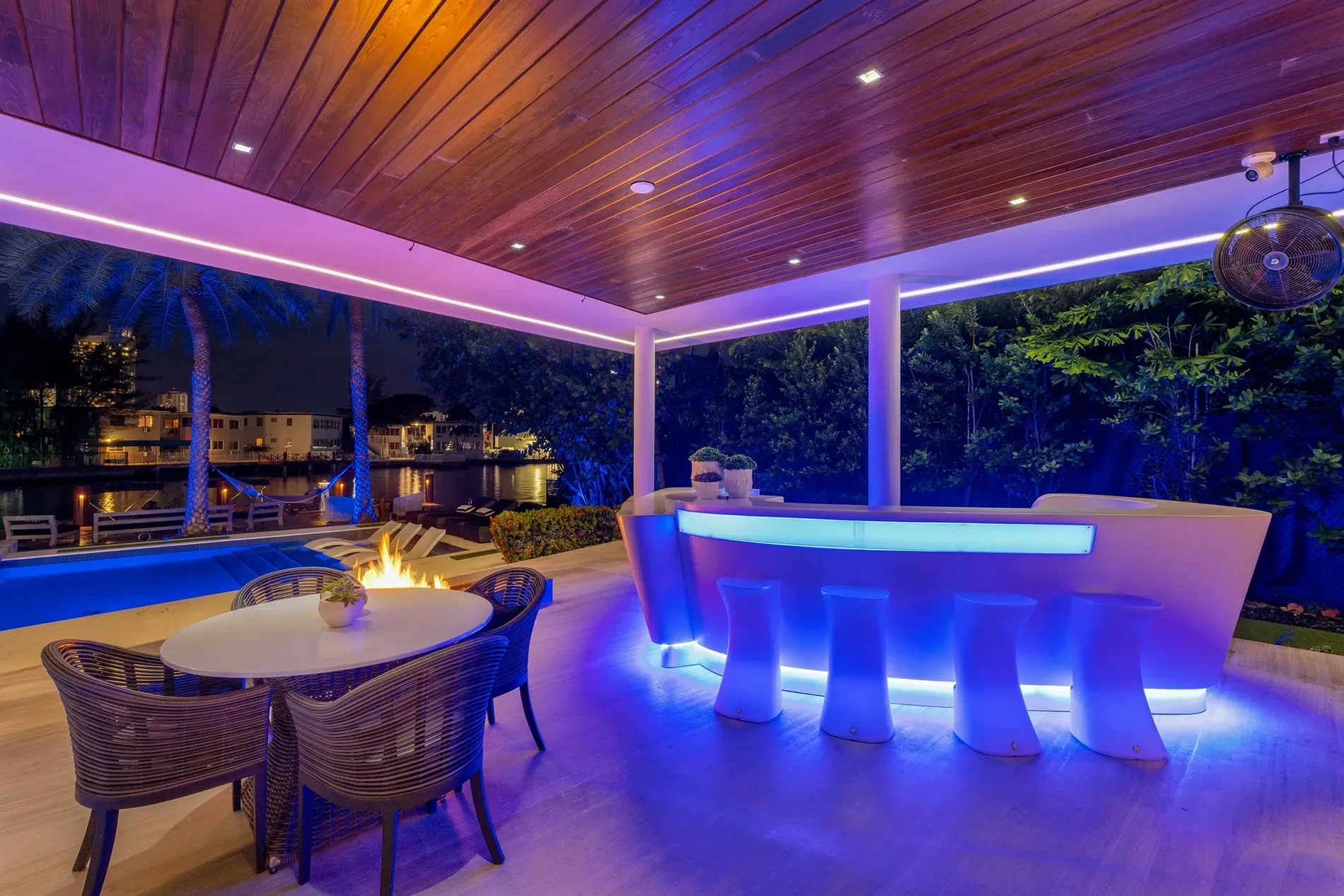 Night bar moment — blue LEDs everywhere. Not sure about this combo at home.